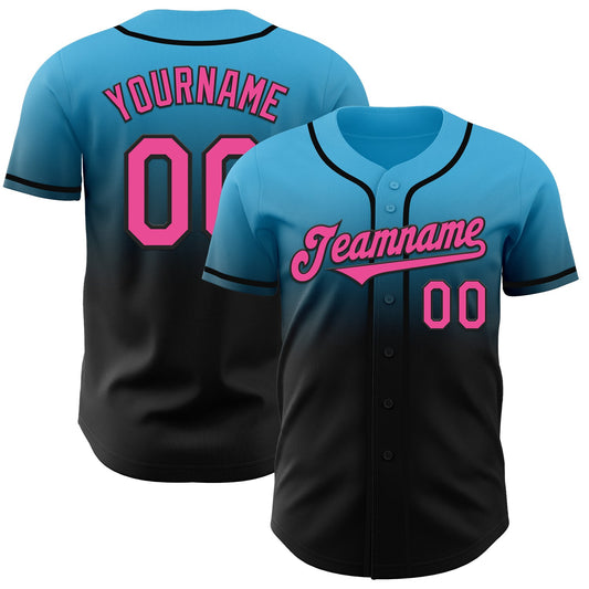 Custom Sky Blue Pink-Black Authentic Fade Fashion Baseball Jersey - Main View
