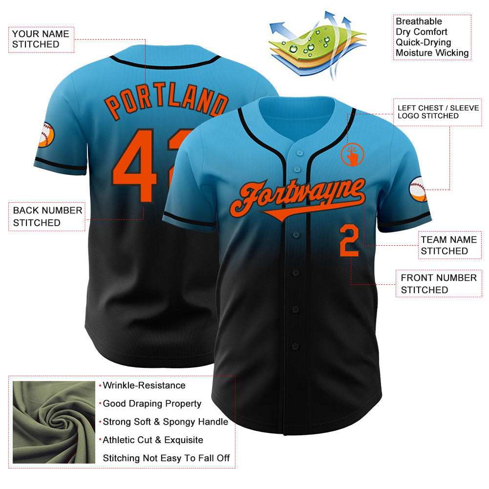 Custom Sky Blue Orange-Black Authentic Fade Fashion Baseball Jersey view 3
