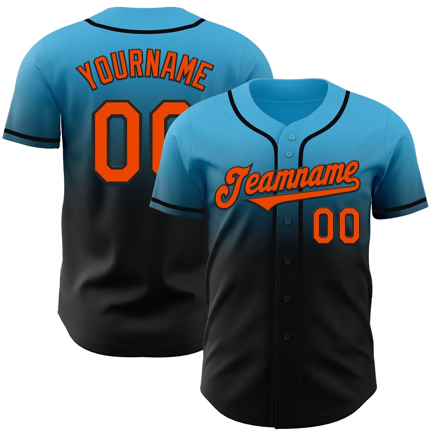 Custom Sky Blue Orange-Black Authentic Fade Fashion Baseball Jersey - Main View