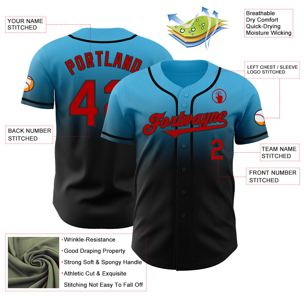 Custom Sky Blue Red-Black Authentic Fade Fashion Baseball Jersey view 3