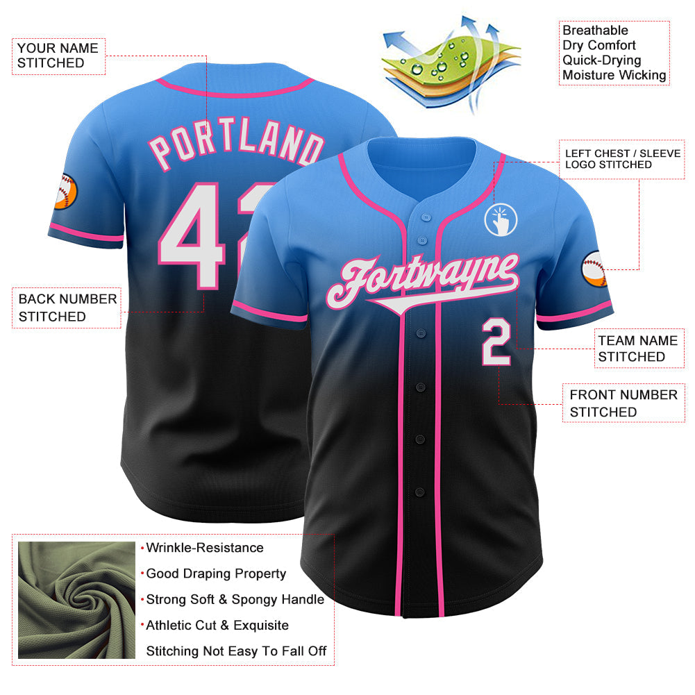Custom Electric Blue Black-Pink Authentic Fade Fashion Baseball Jersey view 3