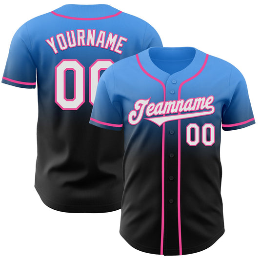 Custom Electric Blue Black-Pink Authentic Fade Fashion Baseball Jersey - Main View