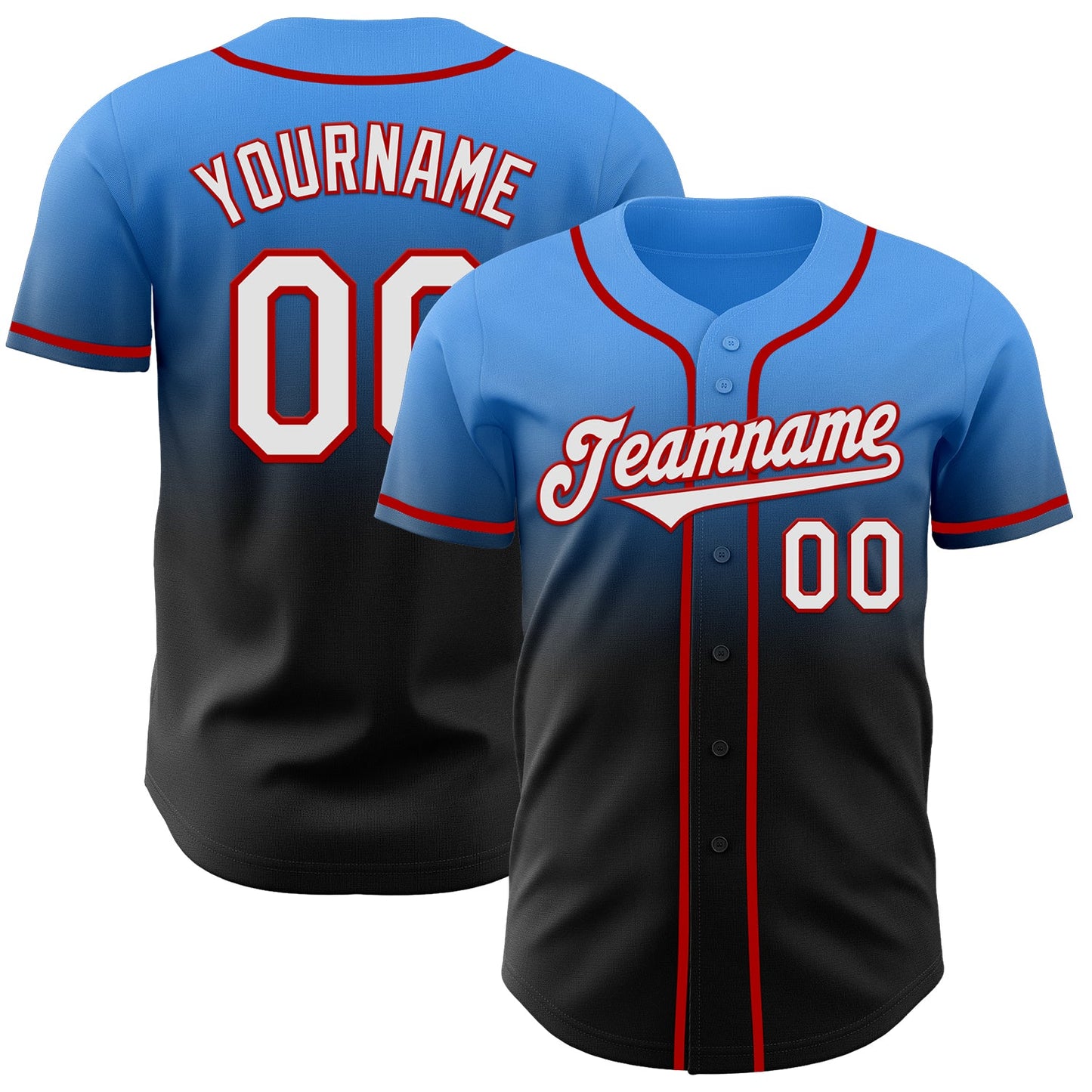 Custom Electric Blue Black-Red Authentic Fade Fashion Baseball Jersey - Main View