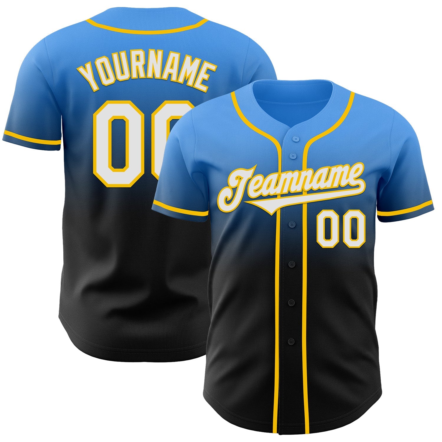 Custom Electric Blue Black-Yellow Authentic Fade Fashion Baseball Jersey - Main View
