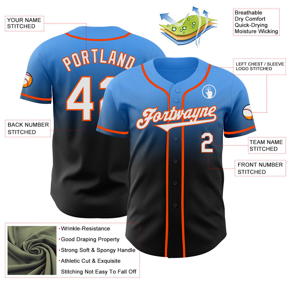 Custom Electric Blue Black-Orange Authentic Fade Fashion Baseball Jersey view 3