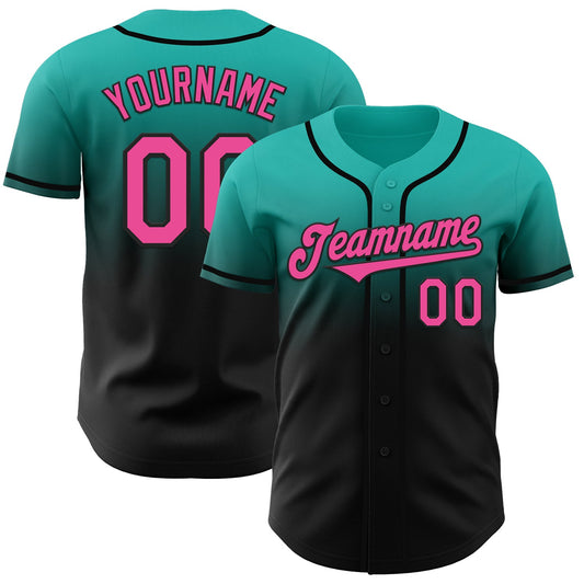 Custom Aqua Pink-Black Authentic Fade Fashion Baseball Jersey - Main View