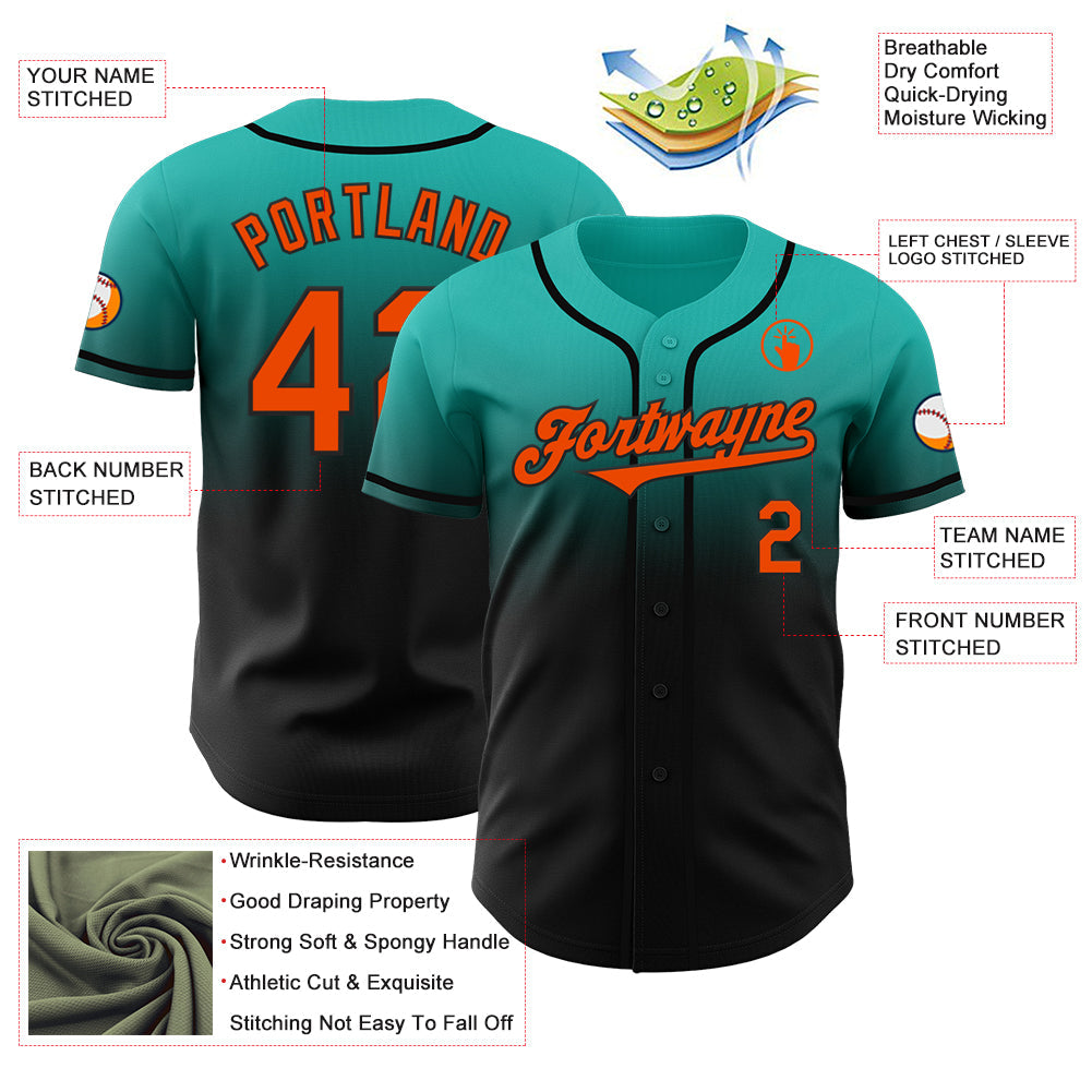 Custom Aqua Orange-Black Authentic Fade Fashion Baseball Jersey view 3