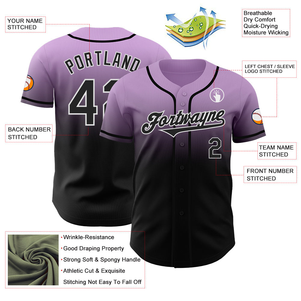 Custom Light Purple Black-White Authentic Fade Fashion Baseball Jersey view 3