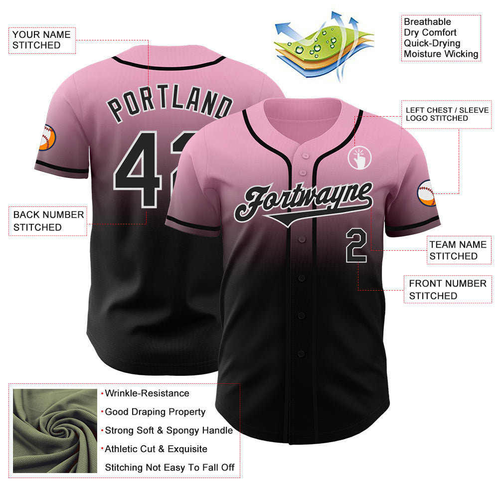 Custom Light Pink Black-White Authentic Fade Fashion Baseball Jersey view 3