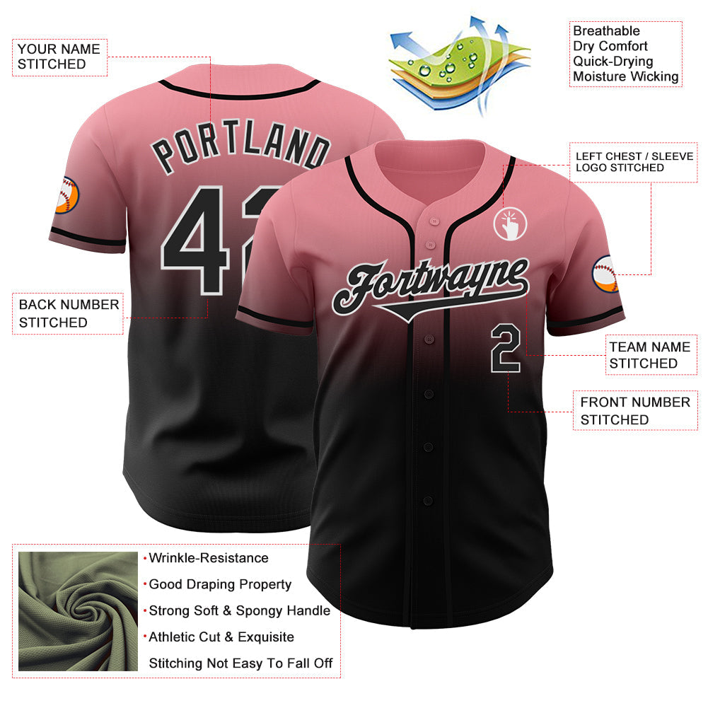 Custom Medium Pink Black-White Authentic Fade Fashion Baseball Jersey view 3