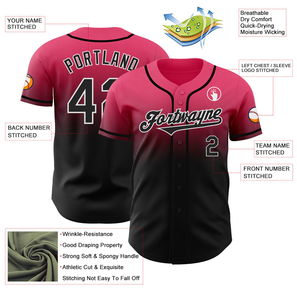 Custom Neon Pink Black-White Authentic Fade Fashion Baseball Jersey view 3
