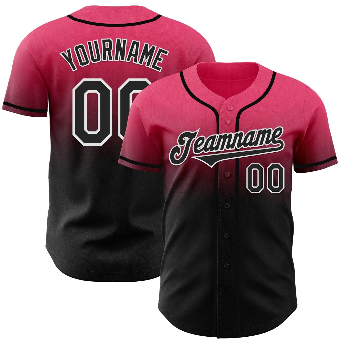 Custom Neon Pink Black-White Authentic Fade Fashion Baseball Jersey - Main View