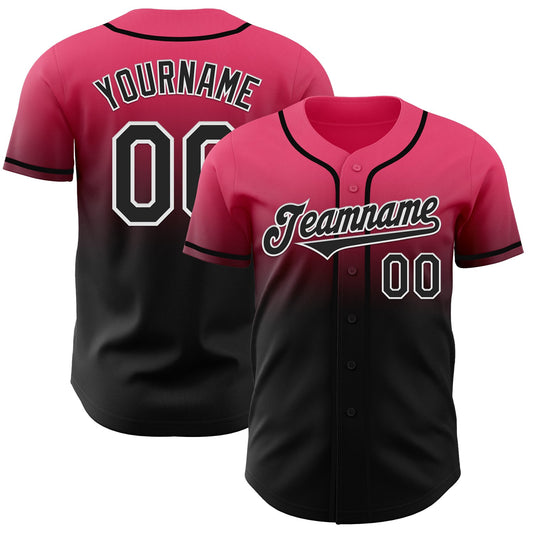 Custom Neon Pink Black-White Authentic Fade Fashion Baseball Jersey - Main View
