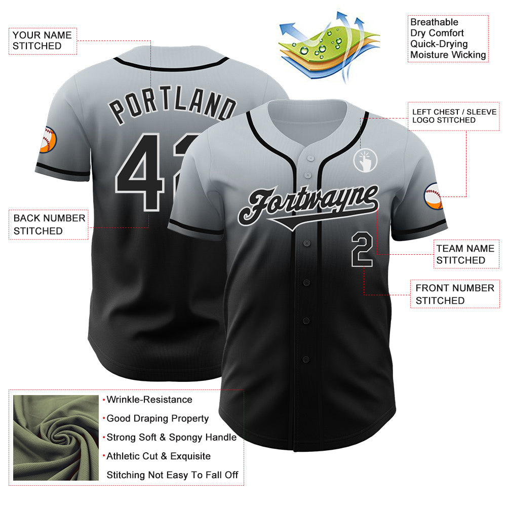Custom Silver Black-White Authentic Fade Fashion Baseball Jersey view 3