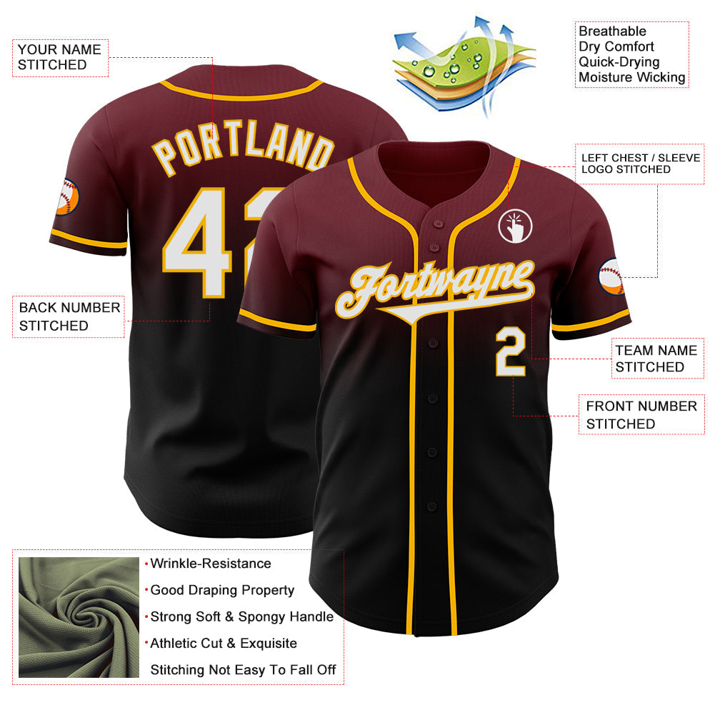 Custom Burgundy Black-Gold Authentic Fade Fashion Baseball Jersey view 3