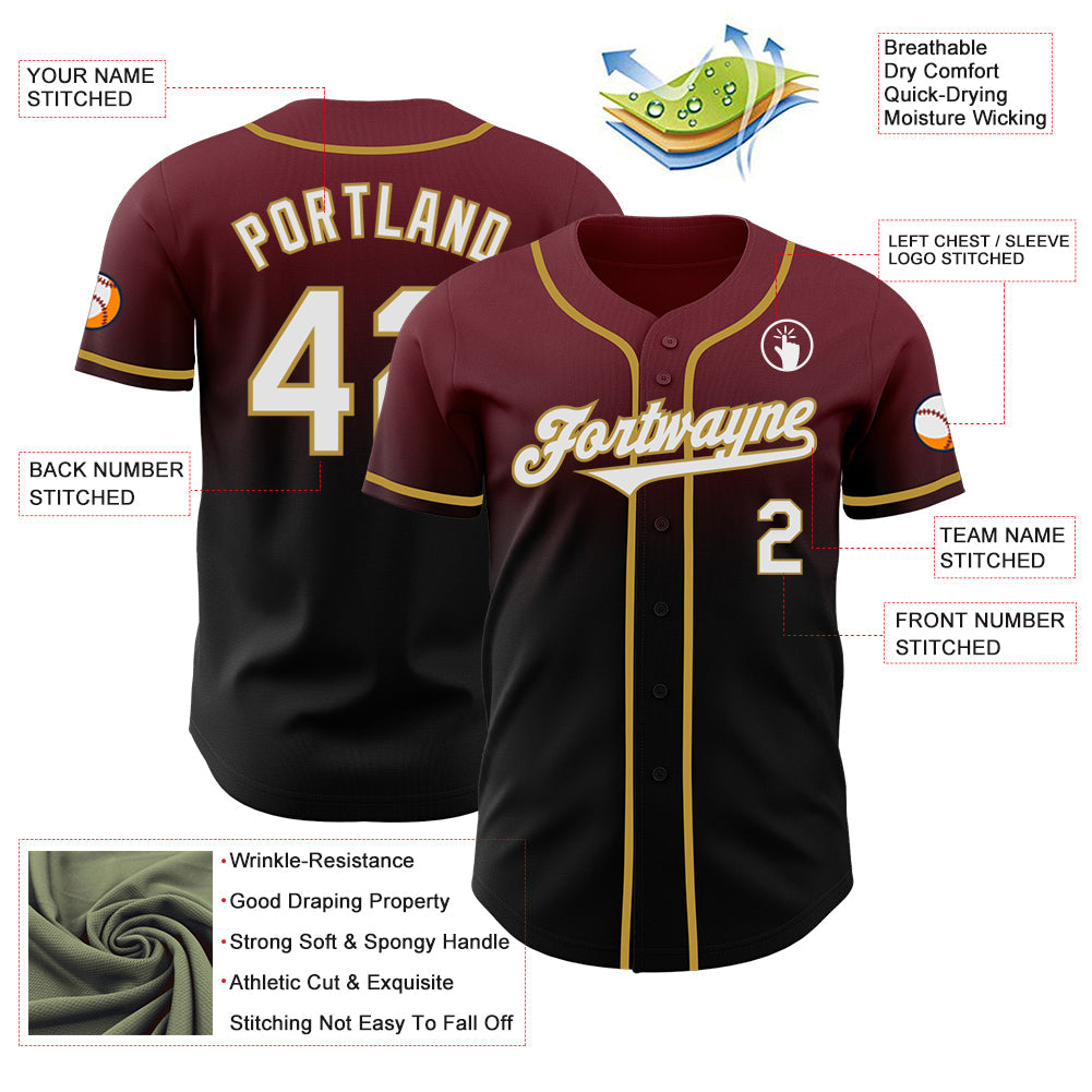 Custom Burgundy Black-Old Gold Authentic Fade Fashion Baseball Jersey view 3