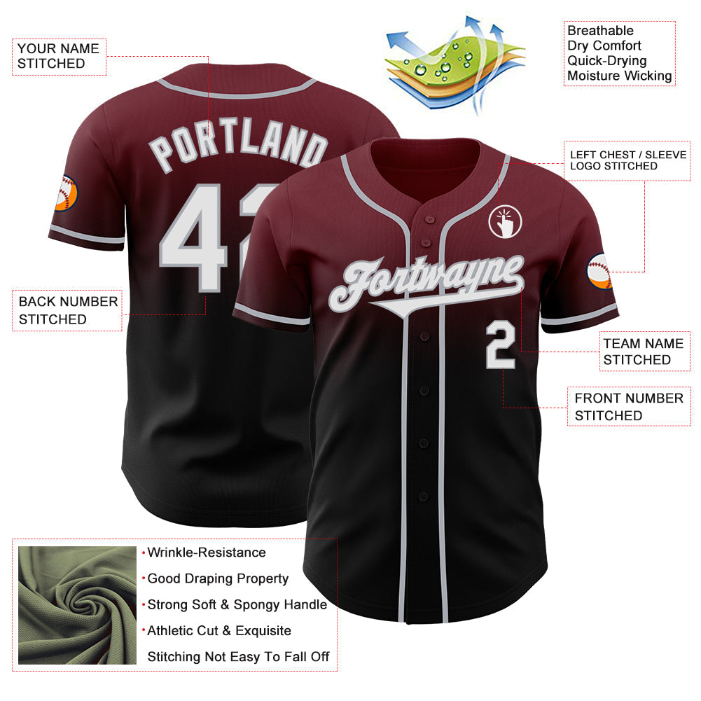 Custom Burgundy Black-Gray Authentic Fade Fashion Baseball Jersey view 3