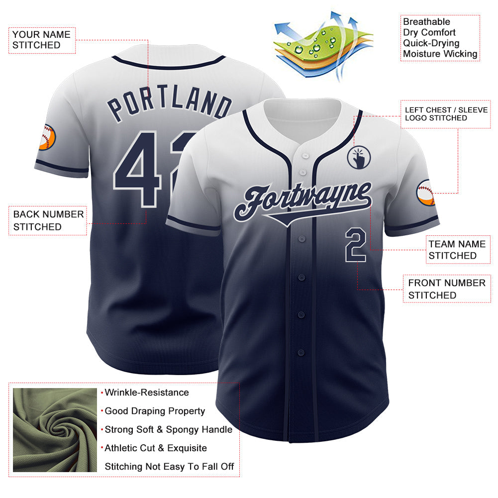 Custom White Navy Authentic Fade Fashion Baseball Jersey view 3