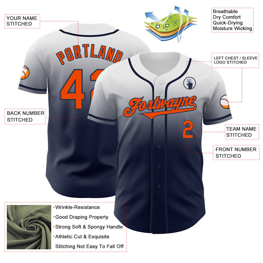 Custom White Orange-Navy Authentic Fade Fashion Baseball Jersey view 3
