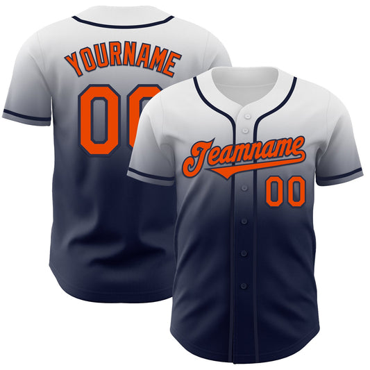 Custom White Orange-Navy Authentic Fade Fashion Baseball Jersey - Main View