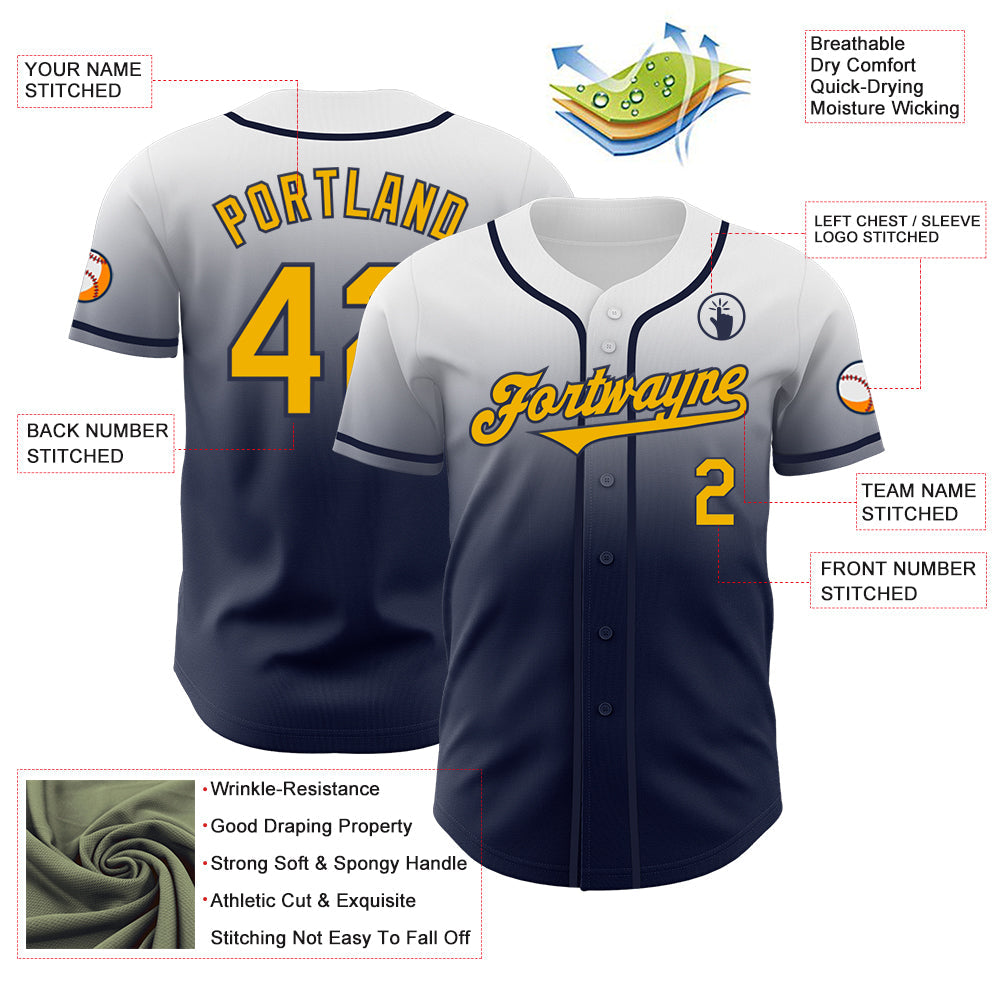 Custom White Gold-Navy Authentic Fade Fashion Baseball Jersey view 3