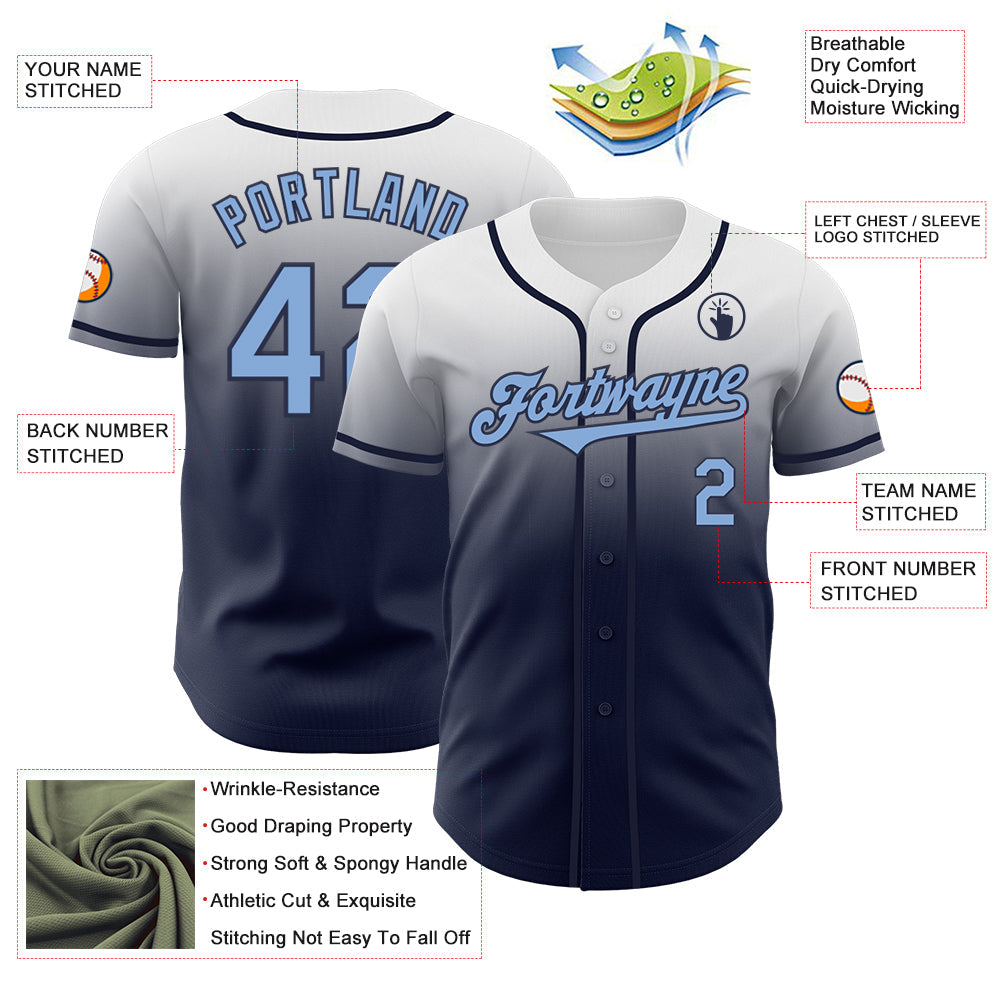 Custom White Light Blue-Navy Authentic Fade Fashion Baseball Jersey view 3