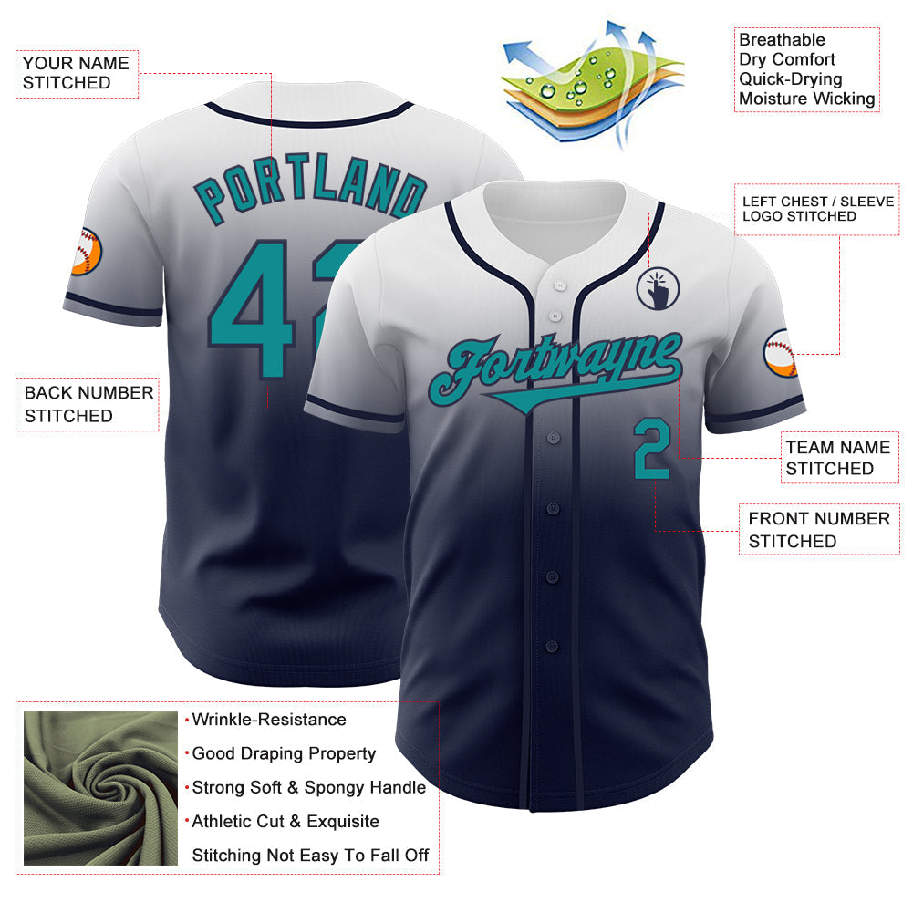 Custom White Teal-Navy Authentic Fade Fashion Baseball Jersey view 3