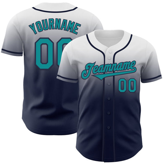 Custom White Teal-Navy Authentic Fade Fashion Baseball Jersey - Main View