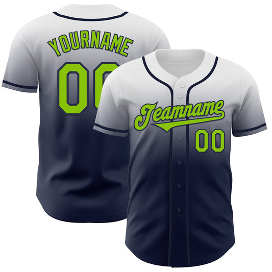 Custom White Neon Green-Navy Authentic Fade Fashion Baseball Jersey - Main View