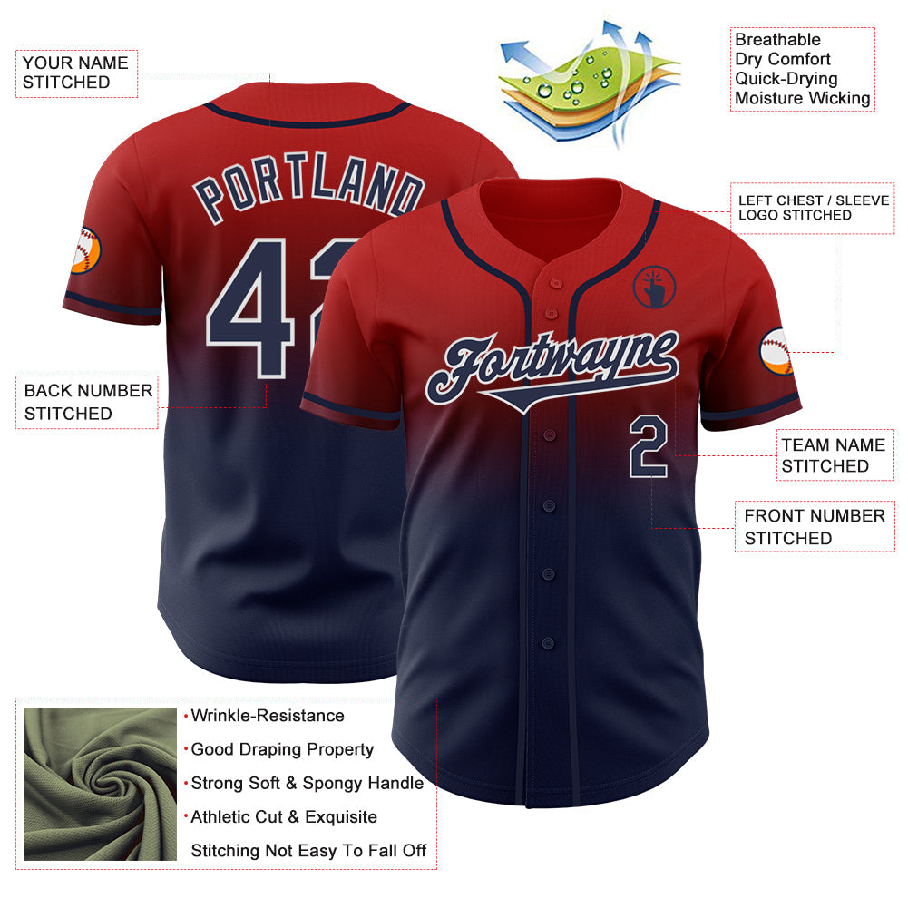 Custom Red Navy-White Authentic Fade Fashion Baseball Jersey view 3