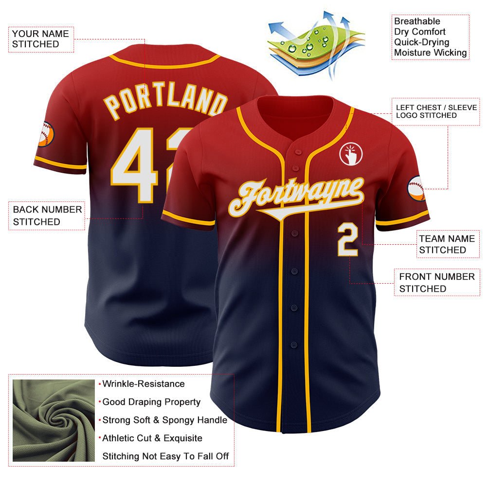 Custom Red Navy-Gold Authentic Fade Fashion Baseball Jersey view 3