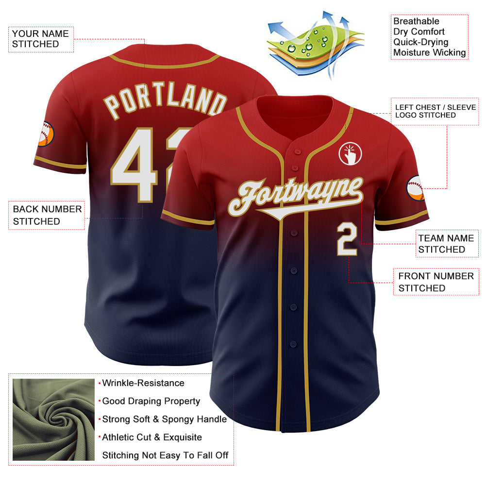Custom Red Navy-Old Gold Authentic Fade Fashion Baseball Jersey view 3