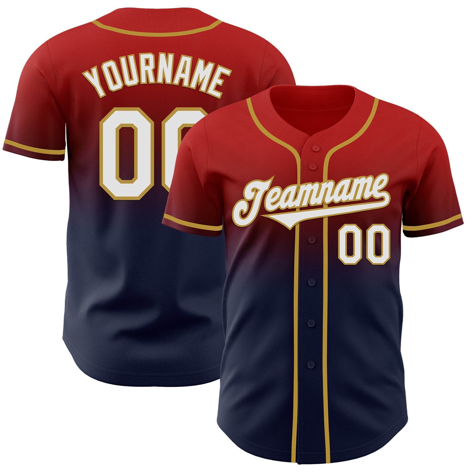 Custom Red Navy-Old Gold Authentic Fade Fashion Baseball Jersey - Main View