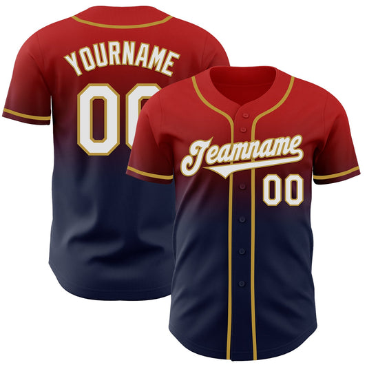 Custom Red Navy-Old Gold Authentic Fade Fashion Baseball Jersey - Main View