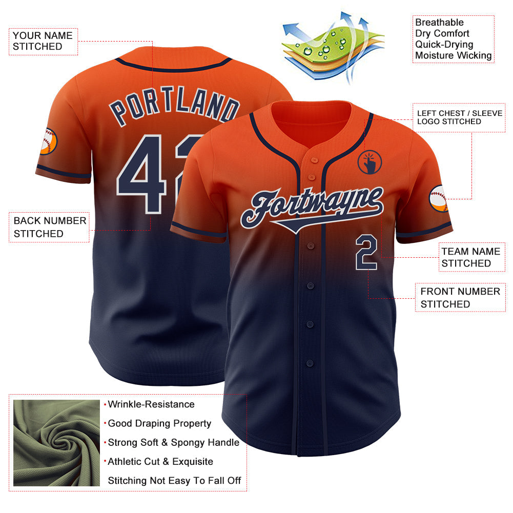 Custom Orange Navy-White Authentic Fade Fashion Baseball Jersey view 3