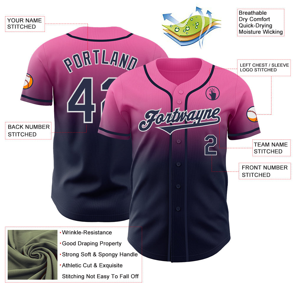 Custom Pink Navy-White Authentic Fade Fashion Baseball Jersey view 3