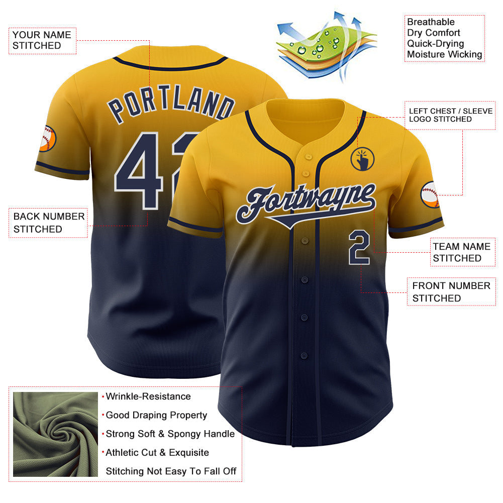 Custom Gold Navy-White Authentic Fade Fashion Baseball Jersey view 3