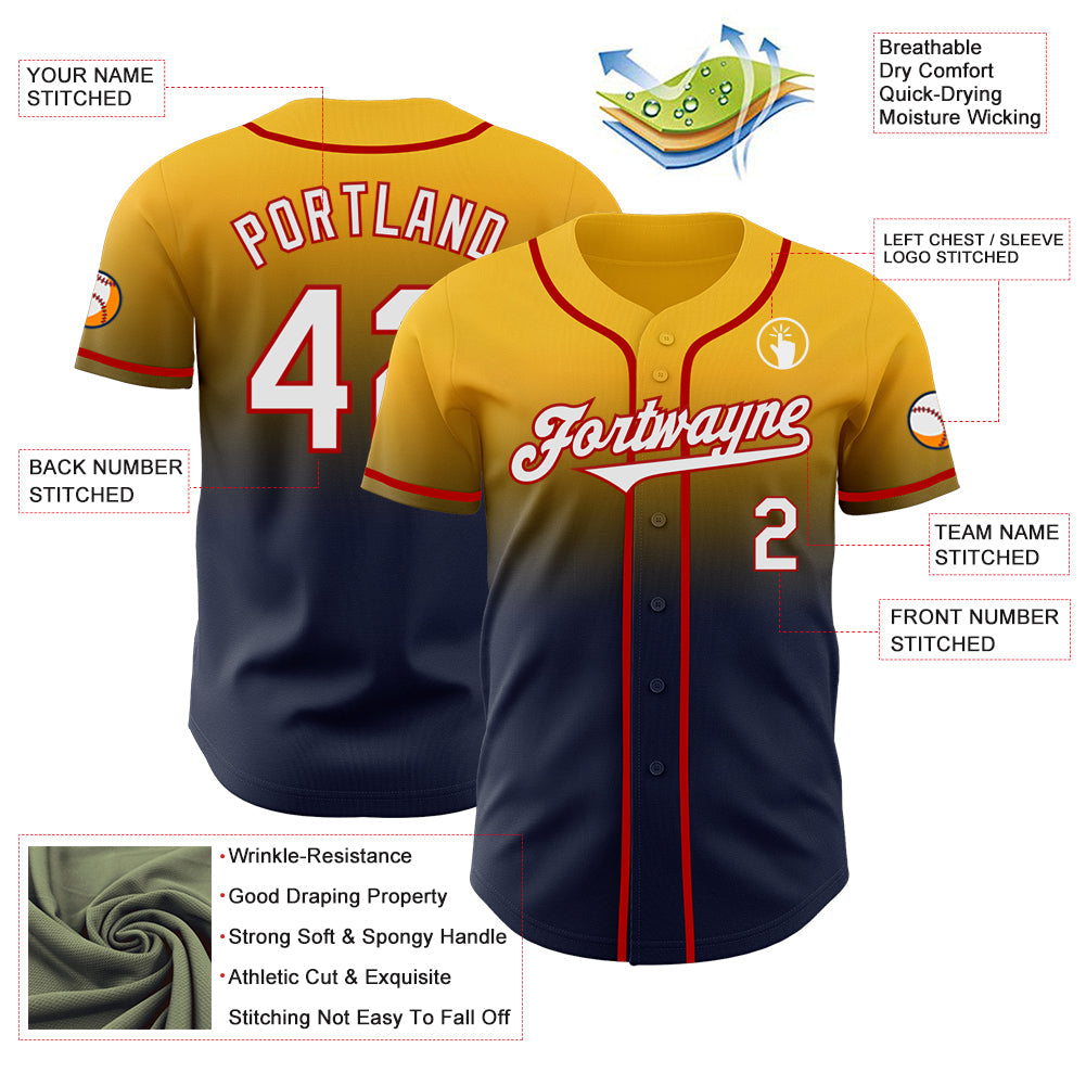 Custom Gold Navy-Red Authentic Fade Fashion Baseball Jersey view 3