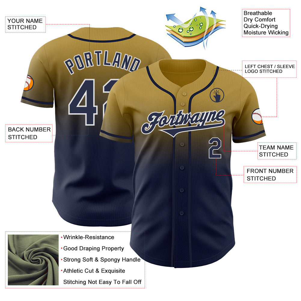 Custom Old Gold Navy-White Authentic Fade Fashion Baseball Jersey view 3