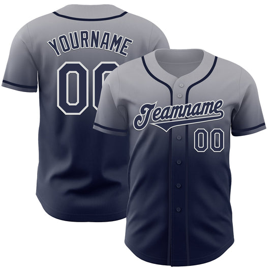 Custom Gray Navy-White Authentic Fade Fashion Baseball Jersey - Main View