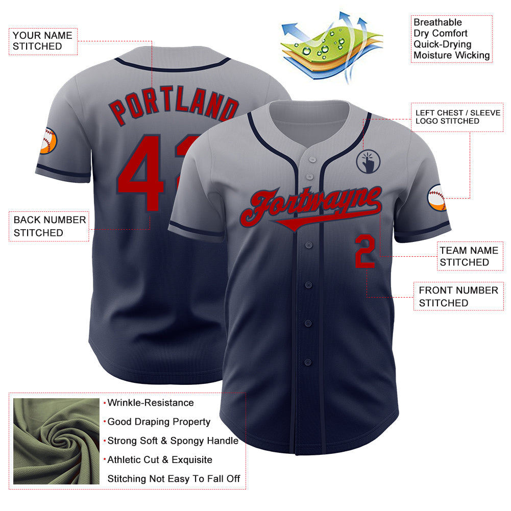 Custom Gray Red-Navy Authentic Fade Fashion Baseball Jersey view 3