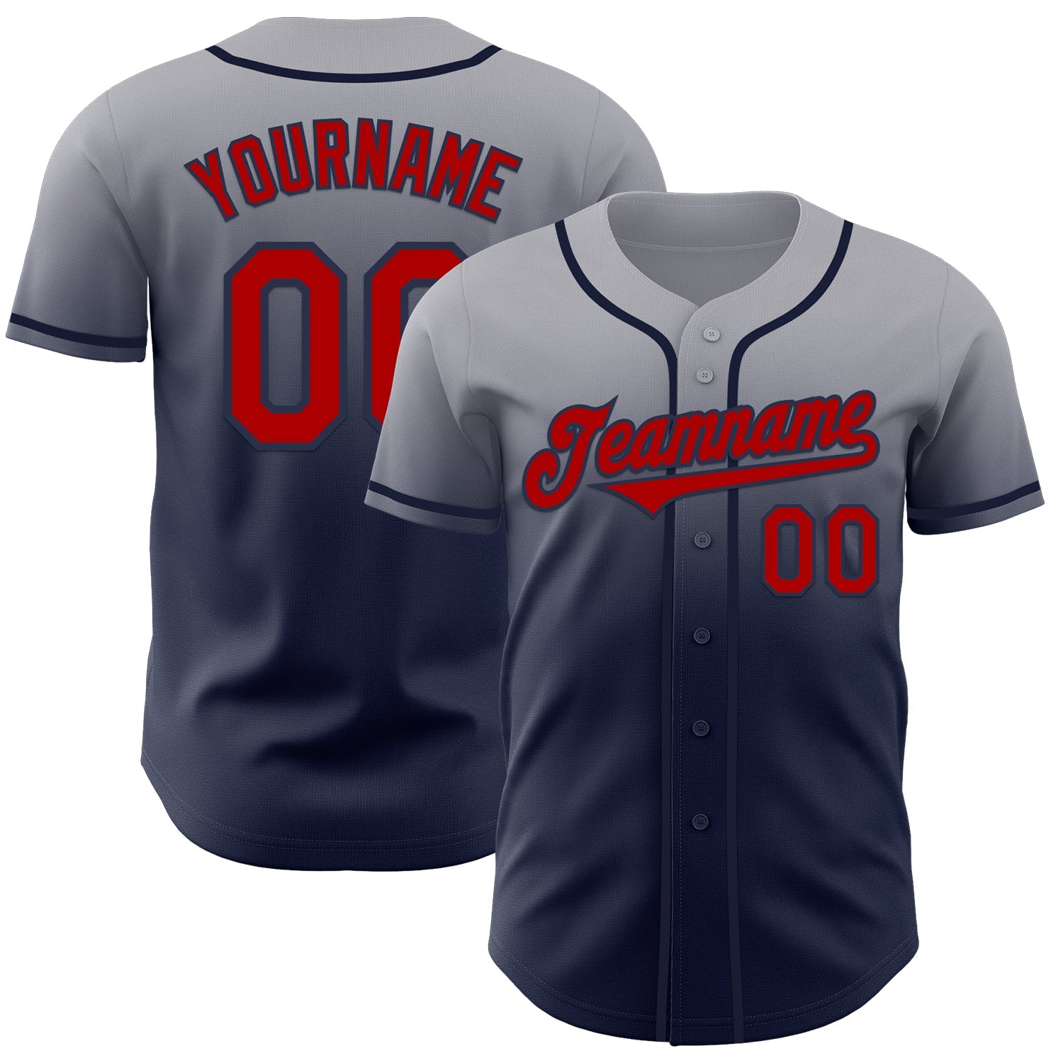 Custom Gray Red-Navy Authentic Fade Fashion Baseball Jersey - Main View