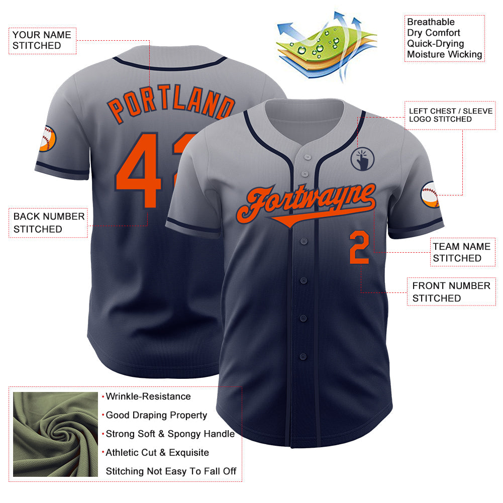 Custom Gray Orange-Navy Authentic Fade Fashion Baseball Jersey view 3