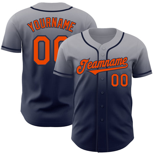 Custom Gray Orange-Navy Authentic Fade Fashion Baseball Jersey - Main View