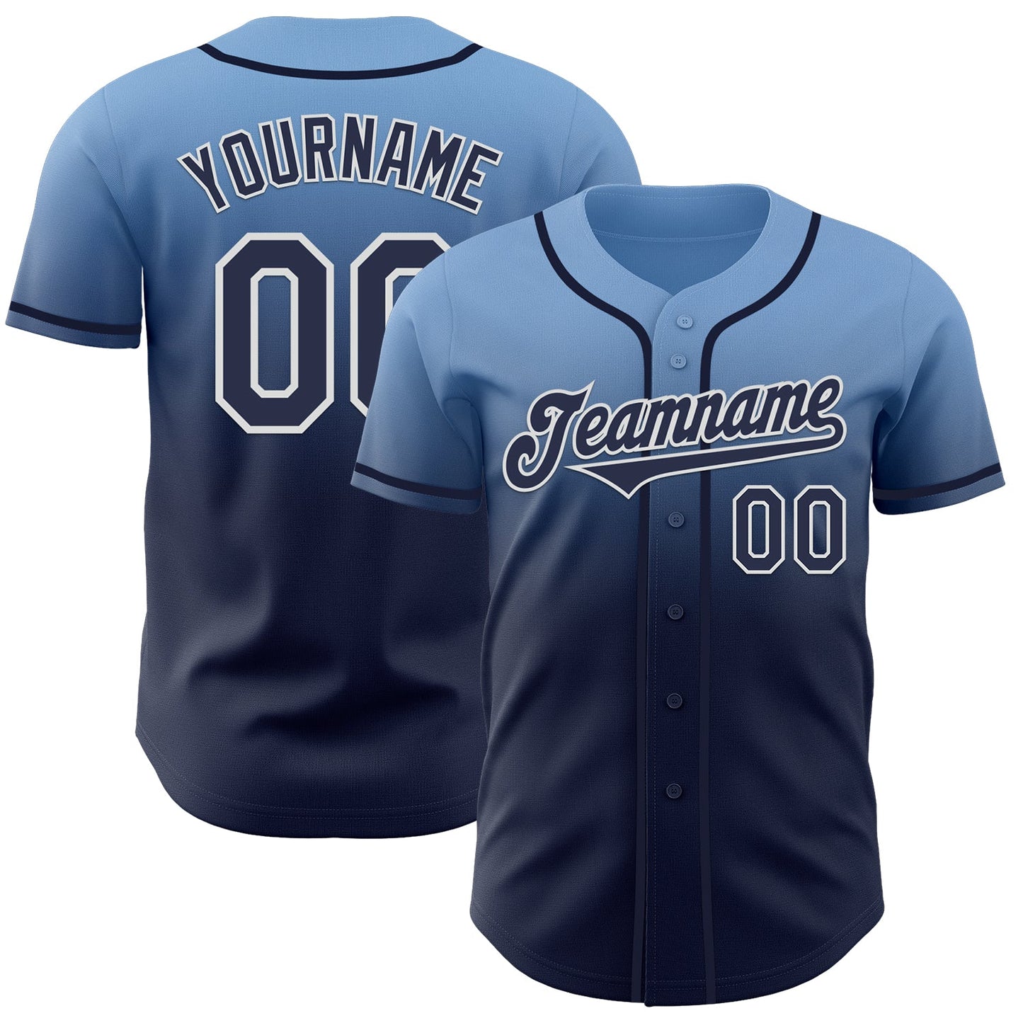 Custom Light Blue Navy-White Authentic Fade Fashion Baseball Jersey - Main View