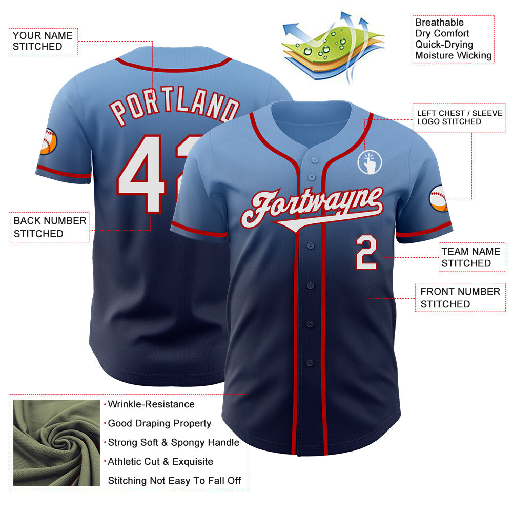 Custom Light Blue Navy-Red Authentic Fade Fashion Baseball Jersey view 3