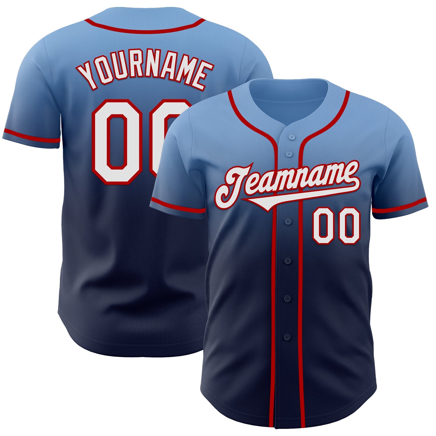 Custom Light Blue Navy-Red Authentic Fade Fashion Baseball Jersey - Main View