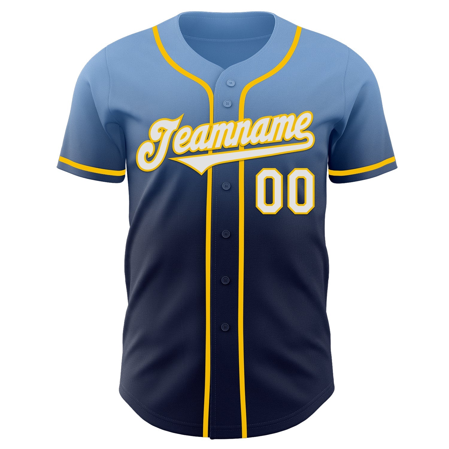 Custom Light Blue Navy-Yellow Authentic Fade Fashion Baseball Jersey view 2