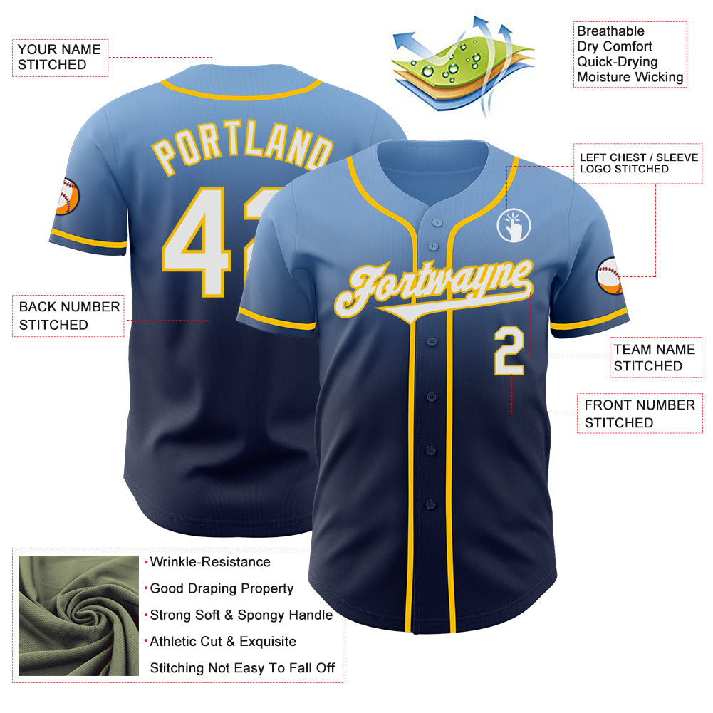 Custom Light Blue Navy-Yellow Authentic Fade Fashion Baseball Jersey view 3