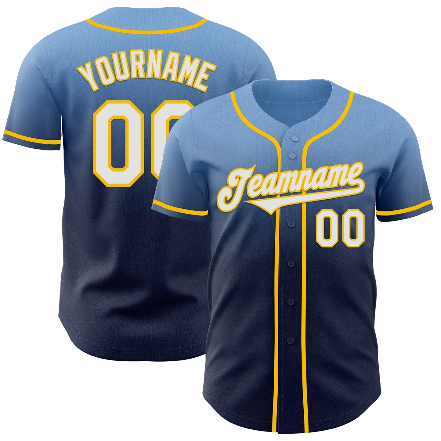 Custom Light Blue Navy-Yellow Authentic Fade Fashion Baseball Jersey - Main View
